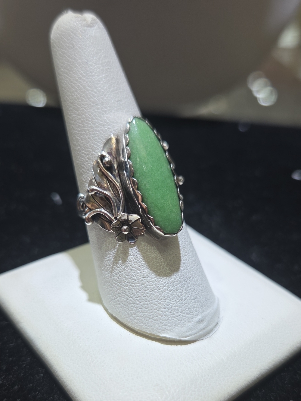 Silver Green Turquoise Floral Ring